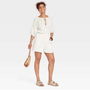 Knox Rose Cream Gauze Tie-Front Romper